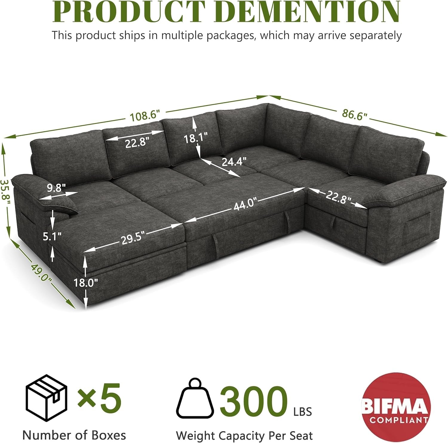 108 Inch Modular Sectional Sleeper Sofa CharcoalGrey - VELORA