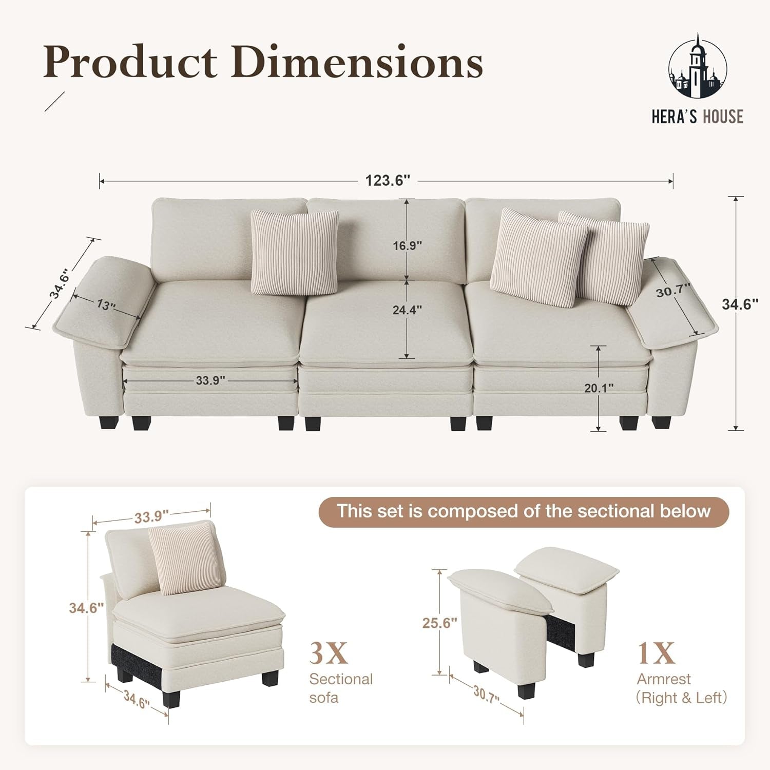 124 Inch Chenille Beige Modular Sectional Sofa With Throw Pillows - VELORA