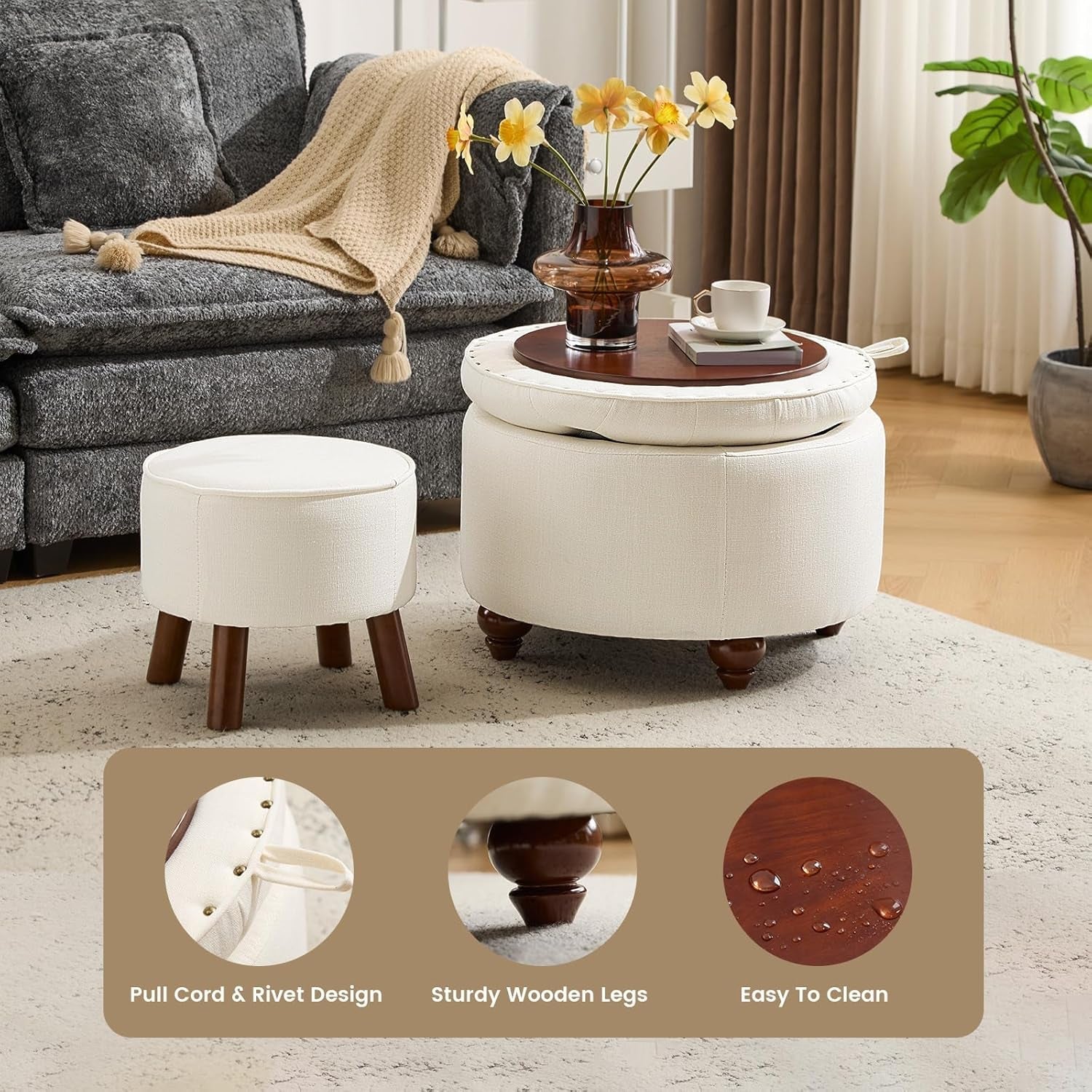 24 Inch Round Beige Storage Ottoman Removable TopWith Storage - VELORA