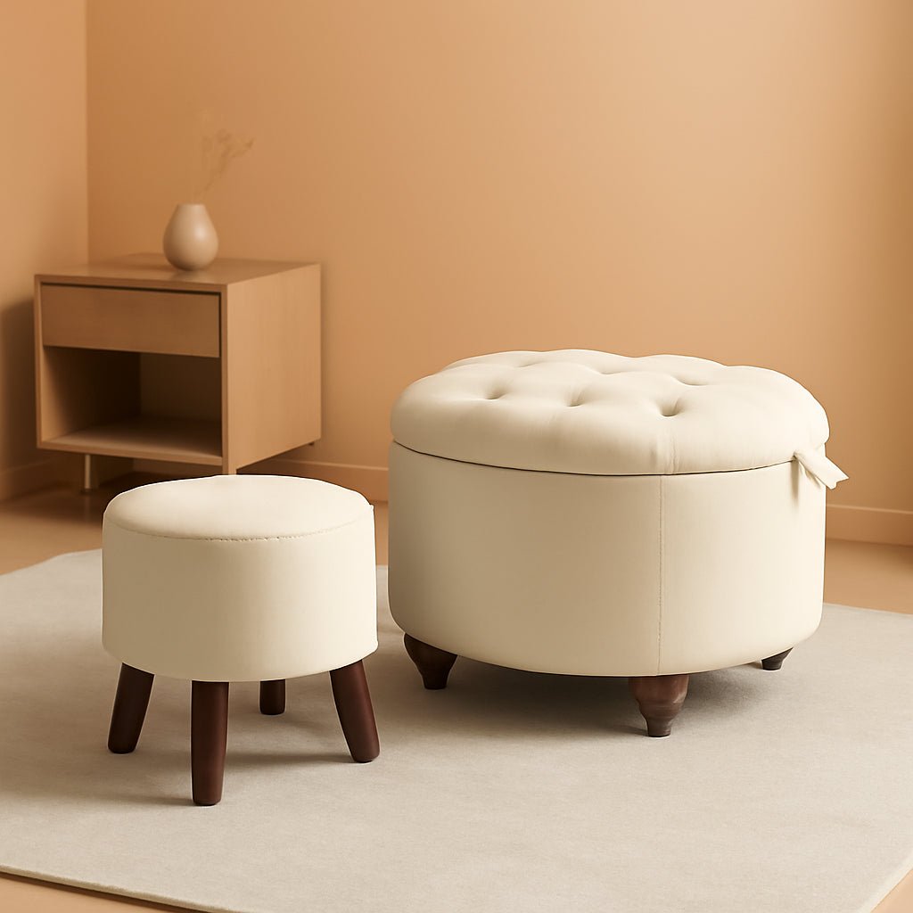 24 Inch Round Beige Storage Ottoman Removable TopWith Storage - VELORA