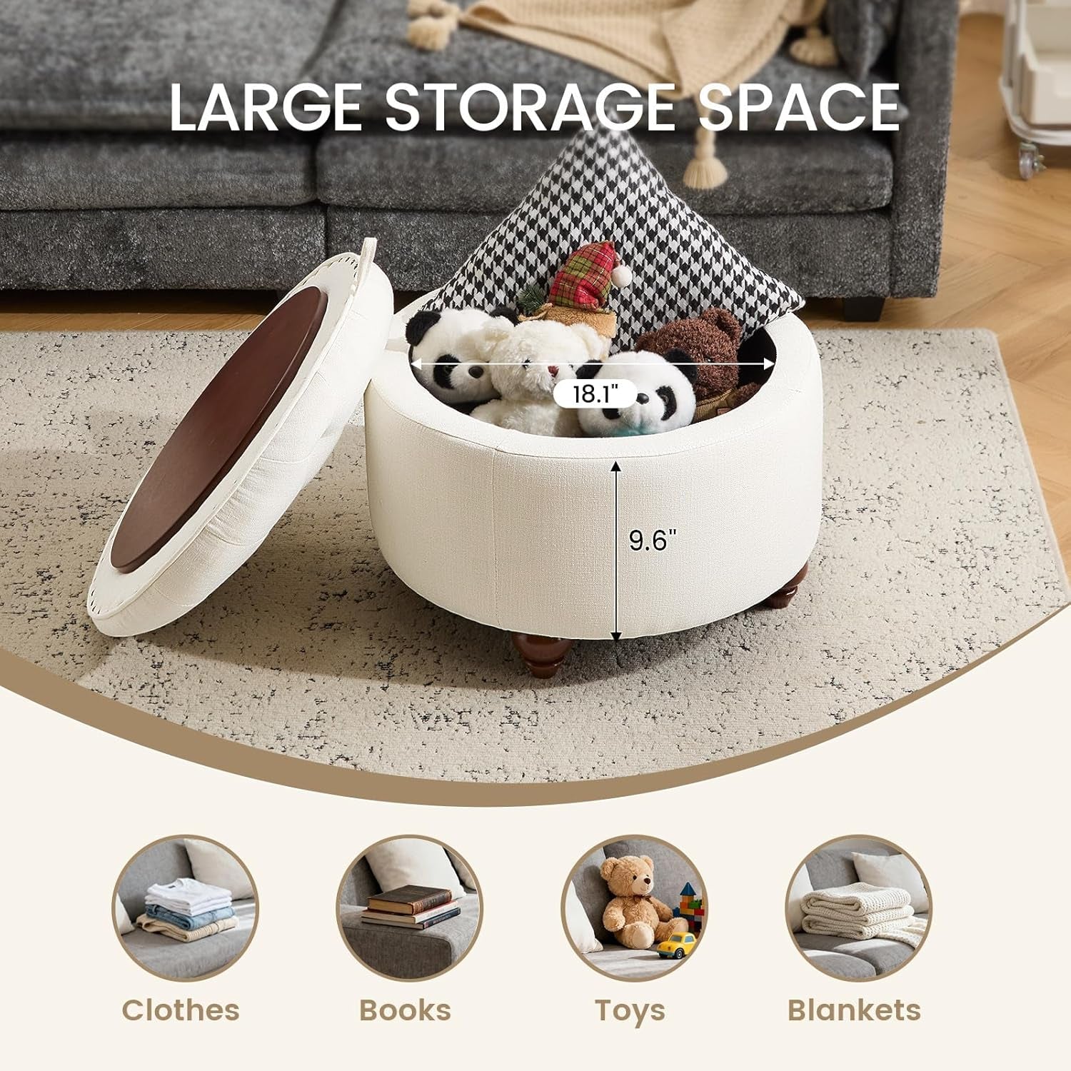 24 Inch Round Beige Storage Ottoman Removable TopWith Storage - VELORA