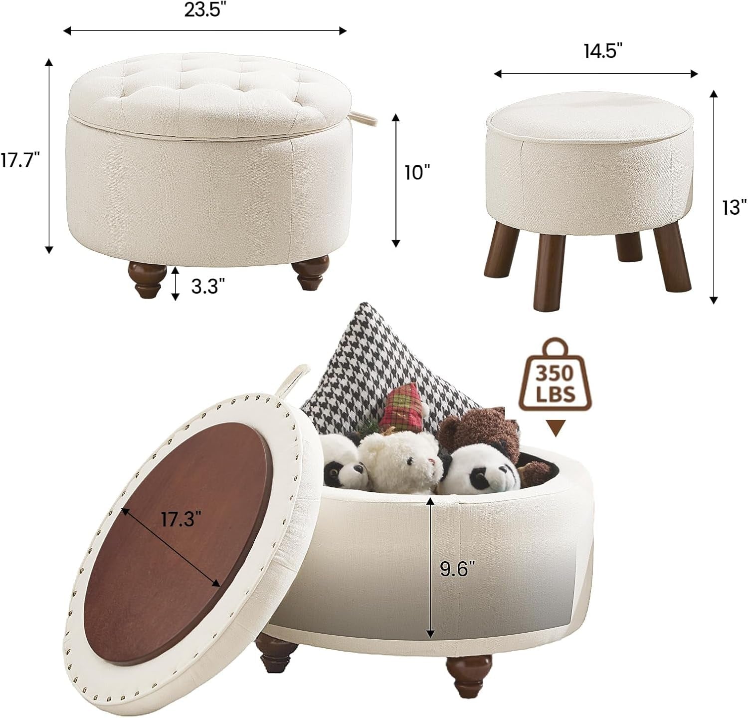 24 Inch Round Beige Storage Ottoman Removable TopWith Storage - VELORA
