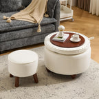 24 Inch Round Beige Storage Ottoman Removable TopWith Storage - VELORA