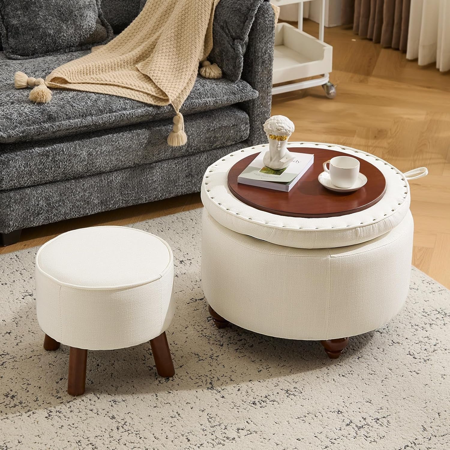 24 Inch Round Beige Storage Ottoman Removable TopWith Storage - VELORA