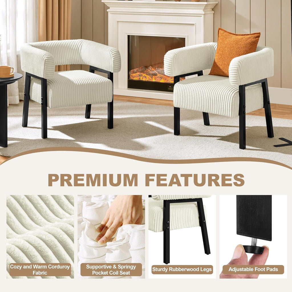 Beige Corduroy Barrel Chair With Pocket Coil Support - VELORA