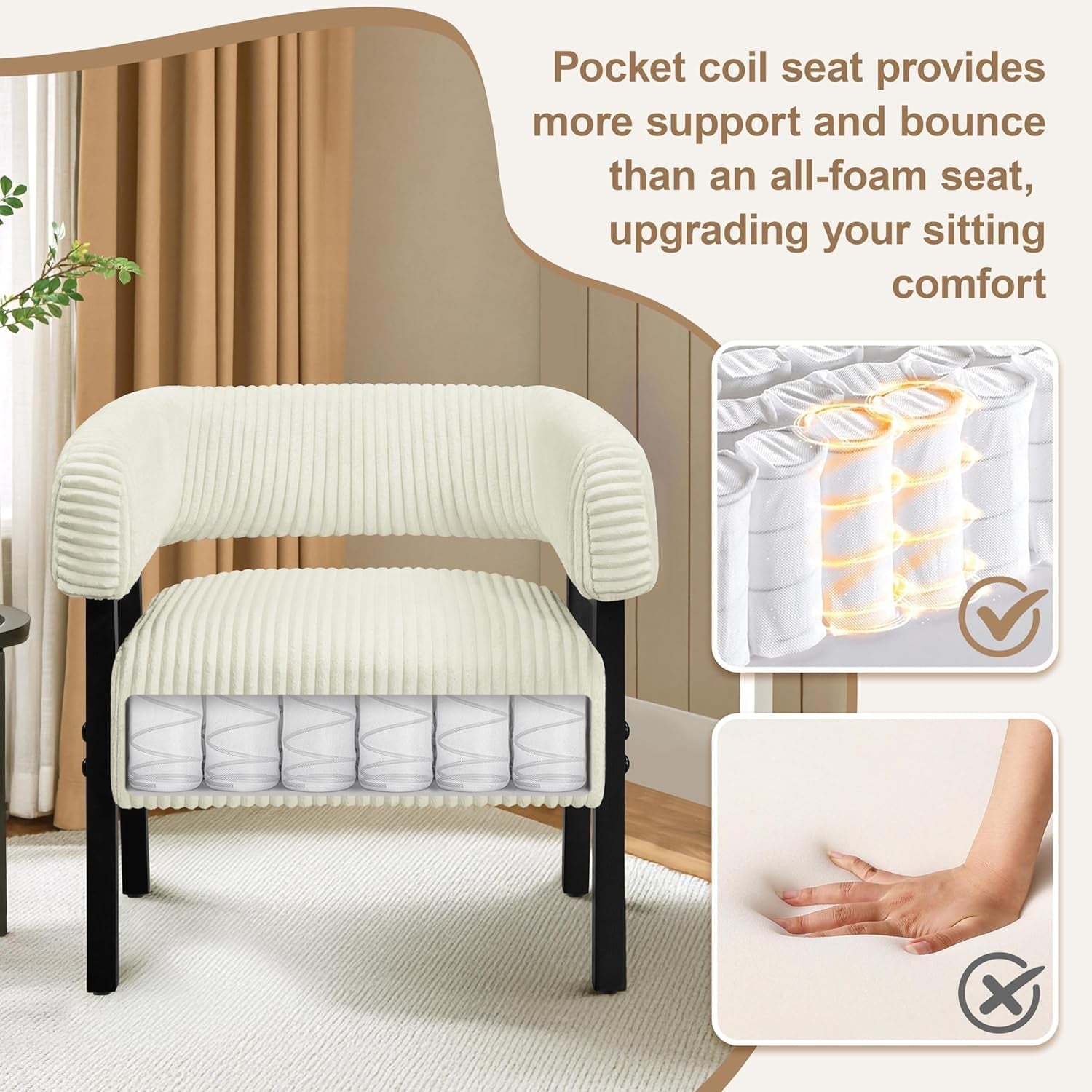 Beige Corduroy Barrel Chair With Pocket Coil Support - VELORA