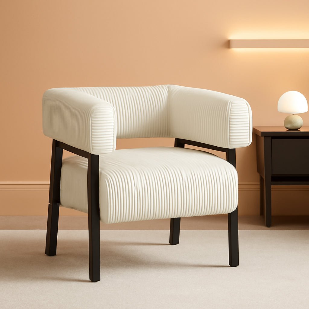 Beige Corduroy Barrel Chair With Pocket Coil Support - VELORA