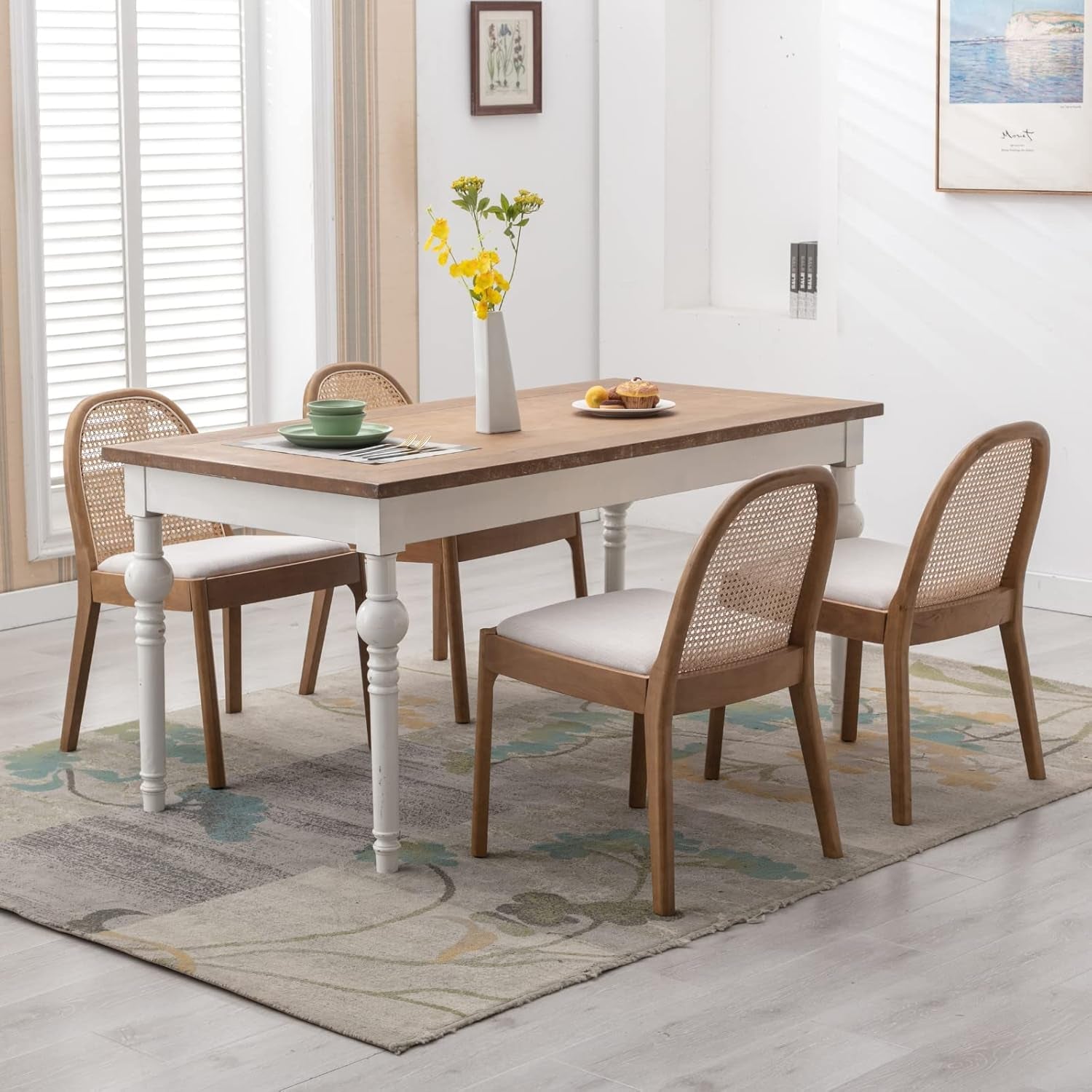 Beige Rattan Dining Chairs Featuring Contemporary Wood - VELORA