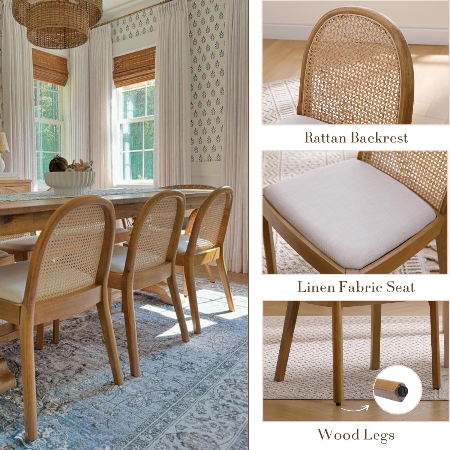 Beige Rattan Dining Chairs Featuring Contemporary Wood - VELORA