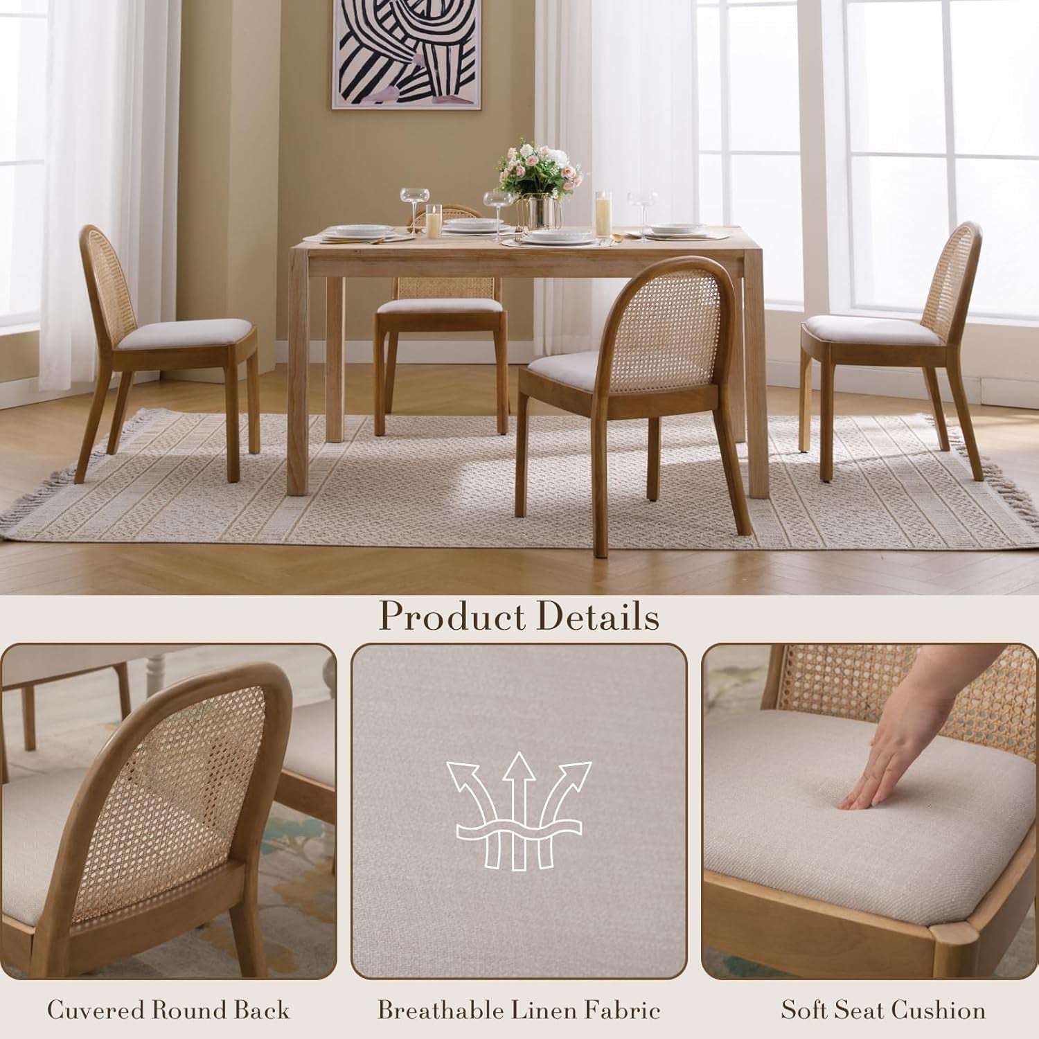 Beige Rattan Dining Chairs Featuring Contemporary Wood - VELORA
