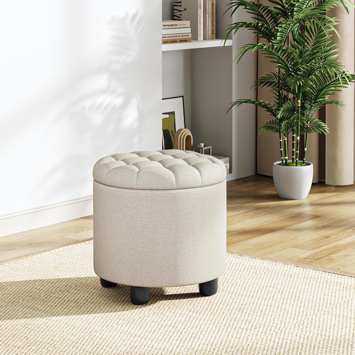 Beige Round Storage Ottoman Featuring Removable Lid - VELORA