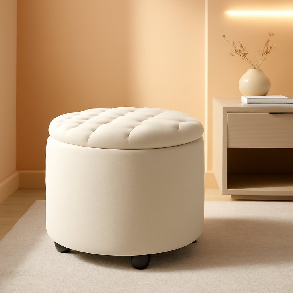 Beige Round Storage Ottoman Featuring Removable Lid - VELORA