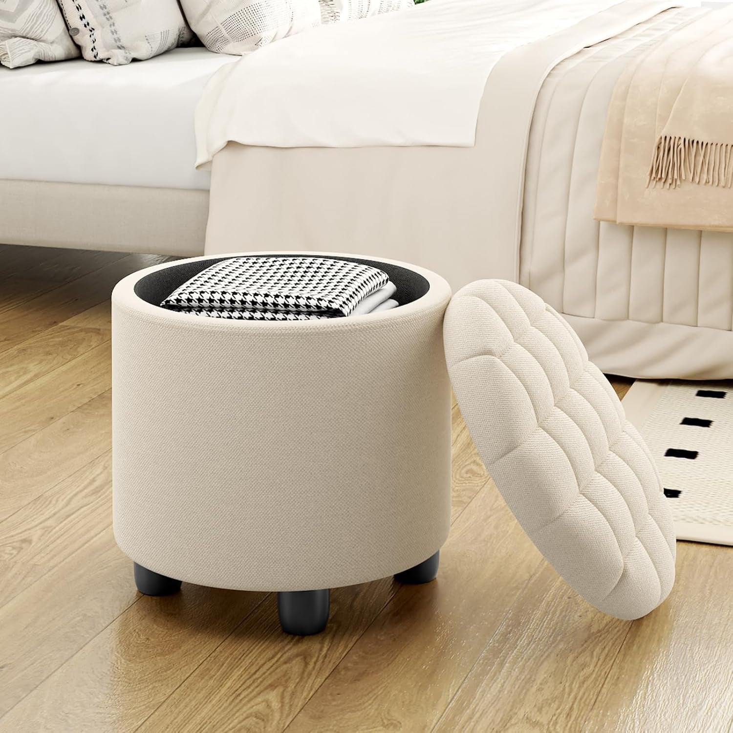 Beige Round Storage Ottoman Featuring Removable Lid - VELORA