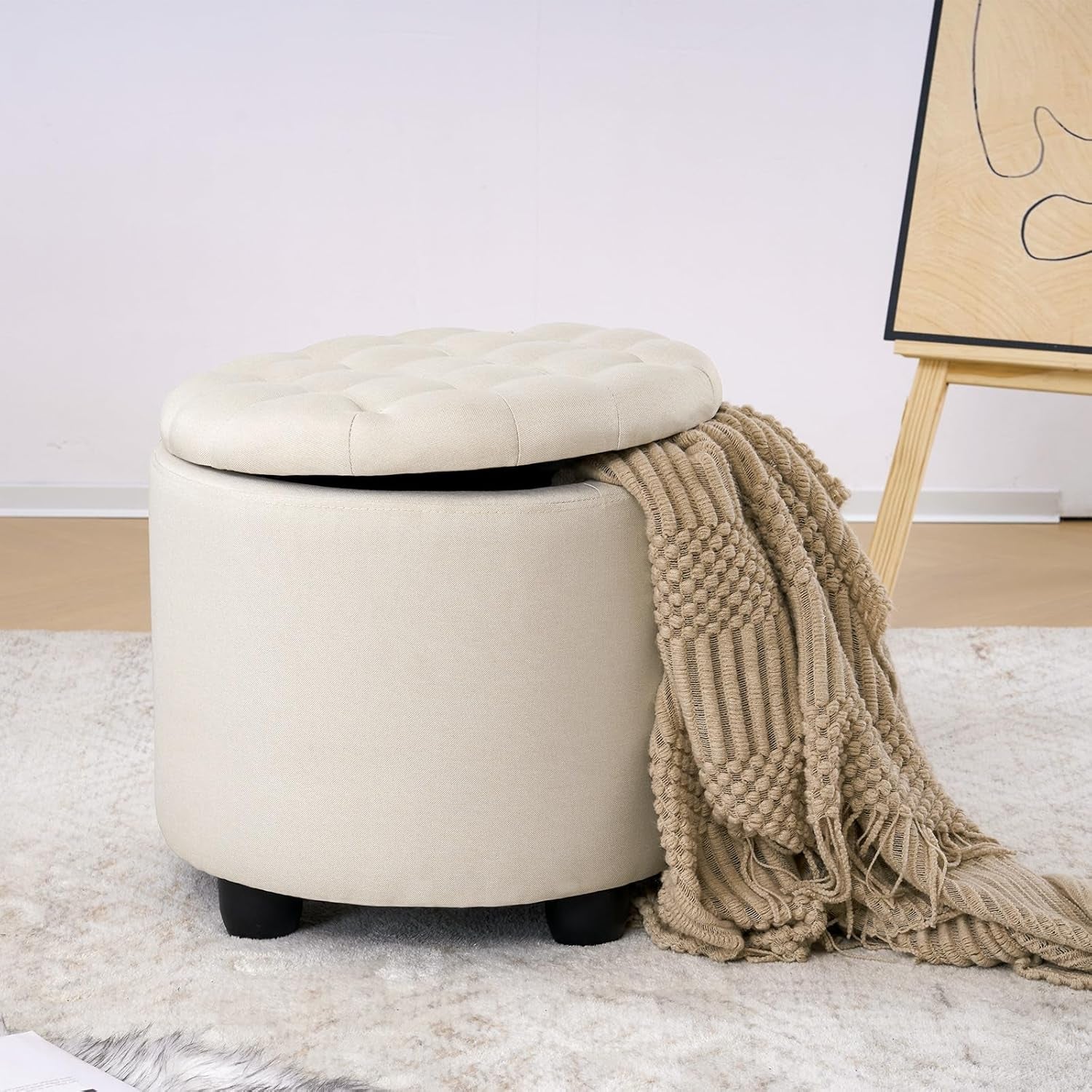 Beige Round Storage Ottoman Featuring Removable Lid - VELORA