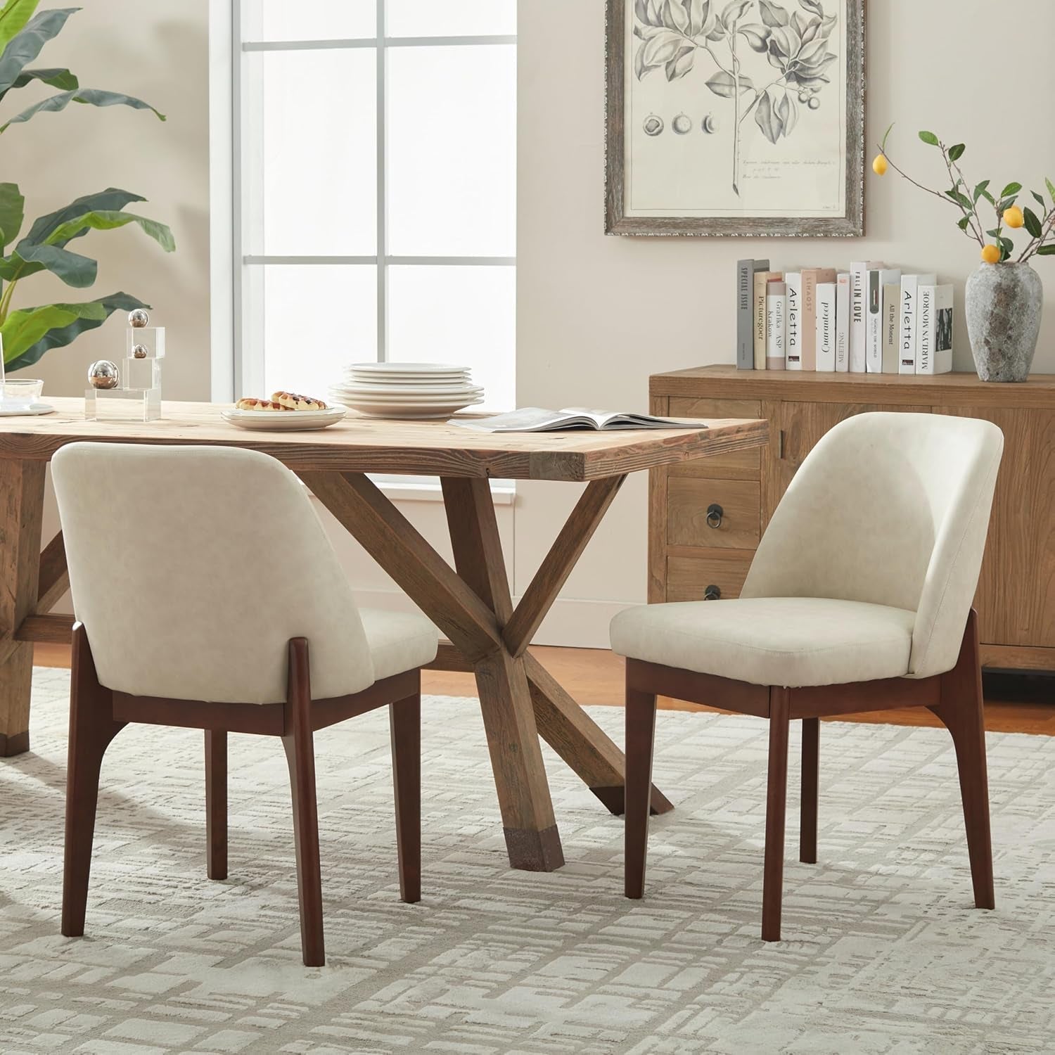 Beige Upholstered Dining Chairs With SolidWood Legs - VELORA