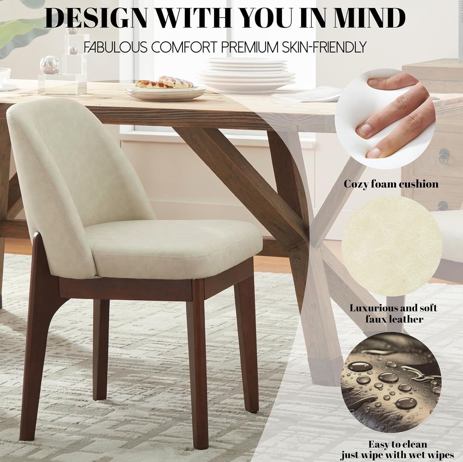 Beige Upholstered Dining Chairs With SolidWood Legs - VELORA