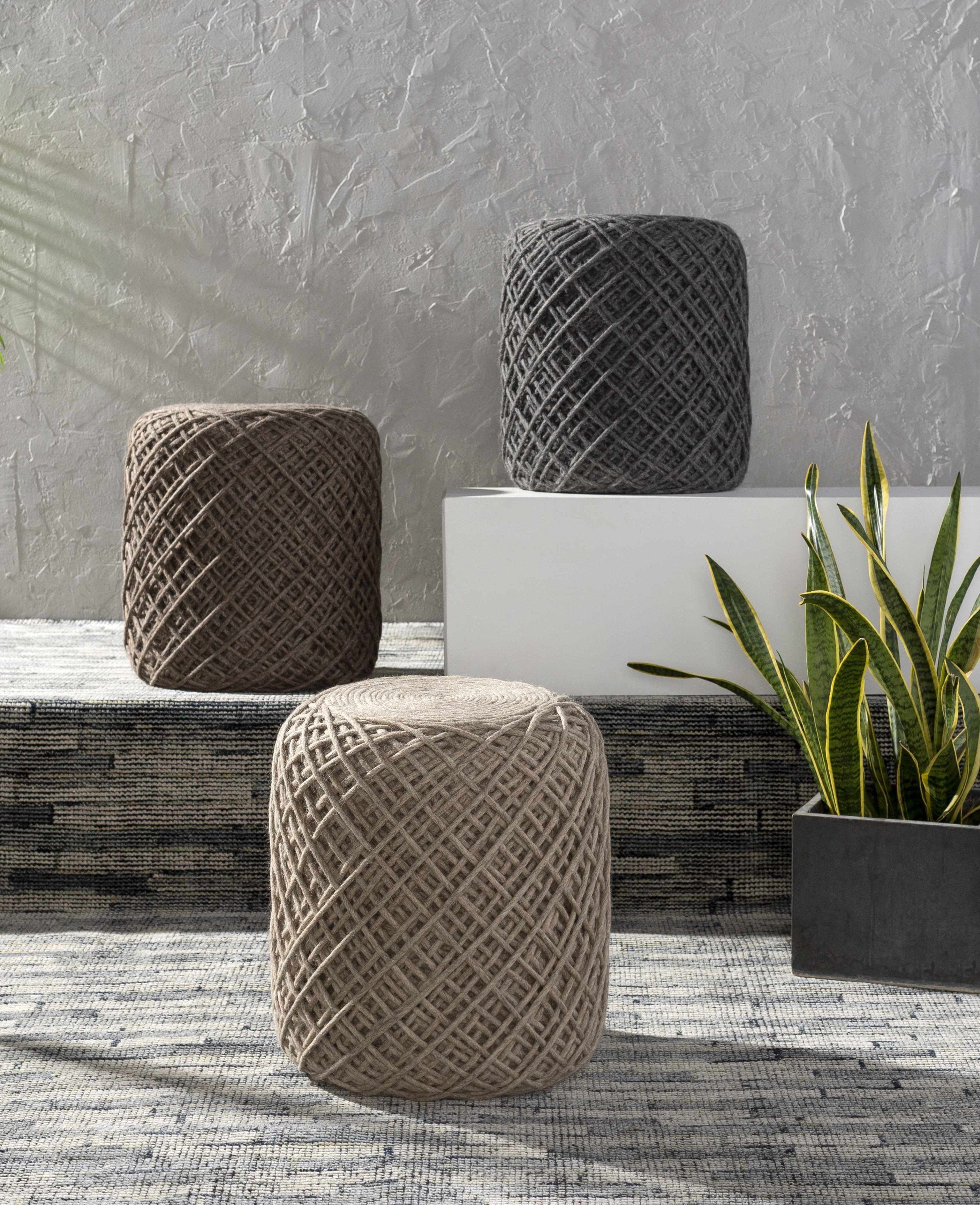 Bellingen Gray Handwoven Textured Pouf - VELORA