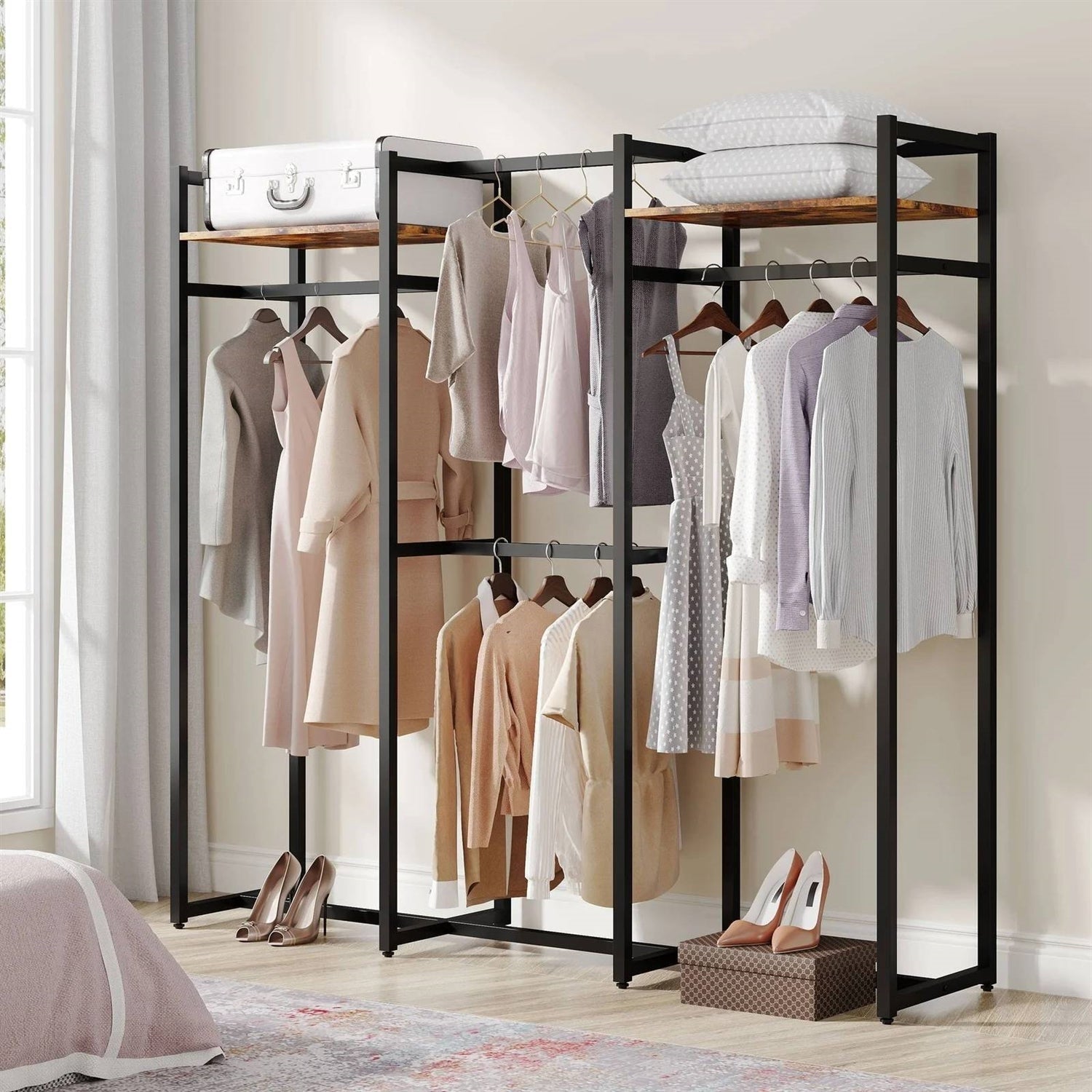 Black Metal Garment Rack with 4 Clothes Hanging Rods and 2 Wood Storage Shelves - VELORA