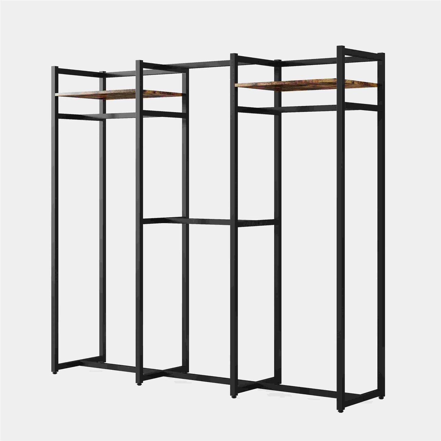 Black Metal Garment Rack with 4 Clothes Hanging Rods and 2 Wood Storage Shelves - VELORA