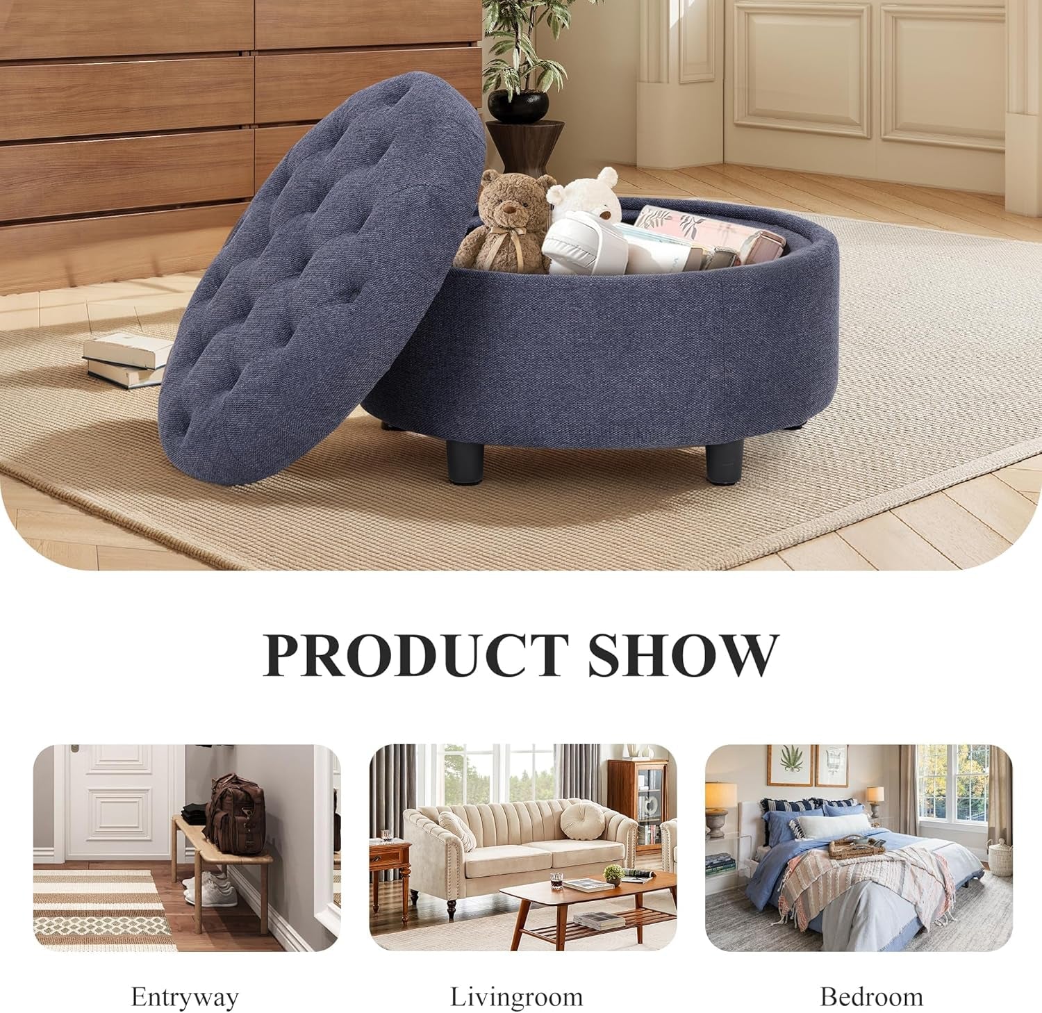 Blue Upholstered Circular Storage Ottoman With Tray - VELORA