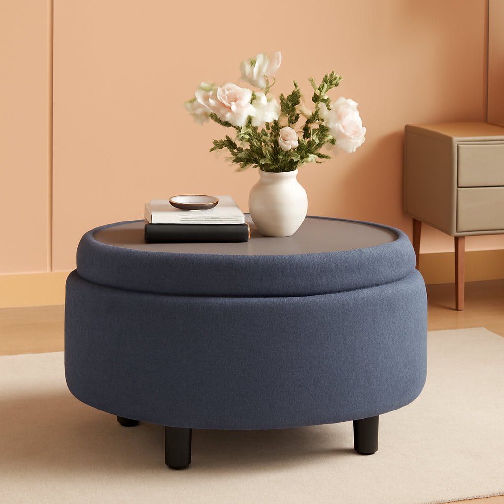 Blue Upholstered Circular Storage Ottoman With Tray - VELORA