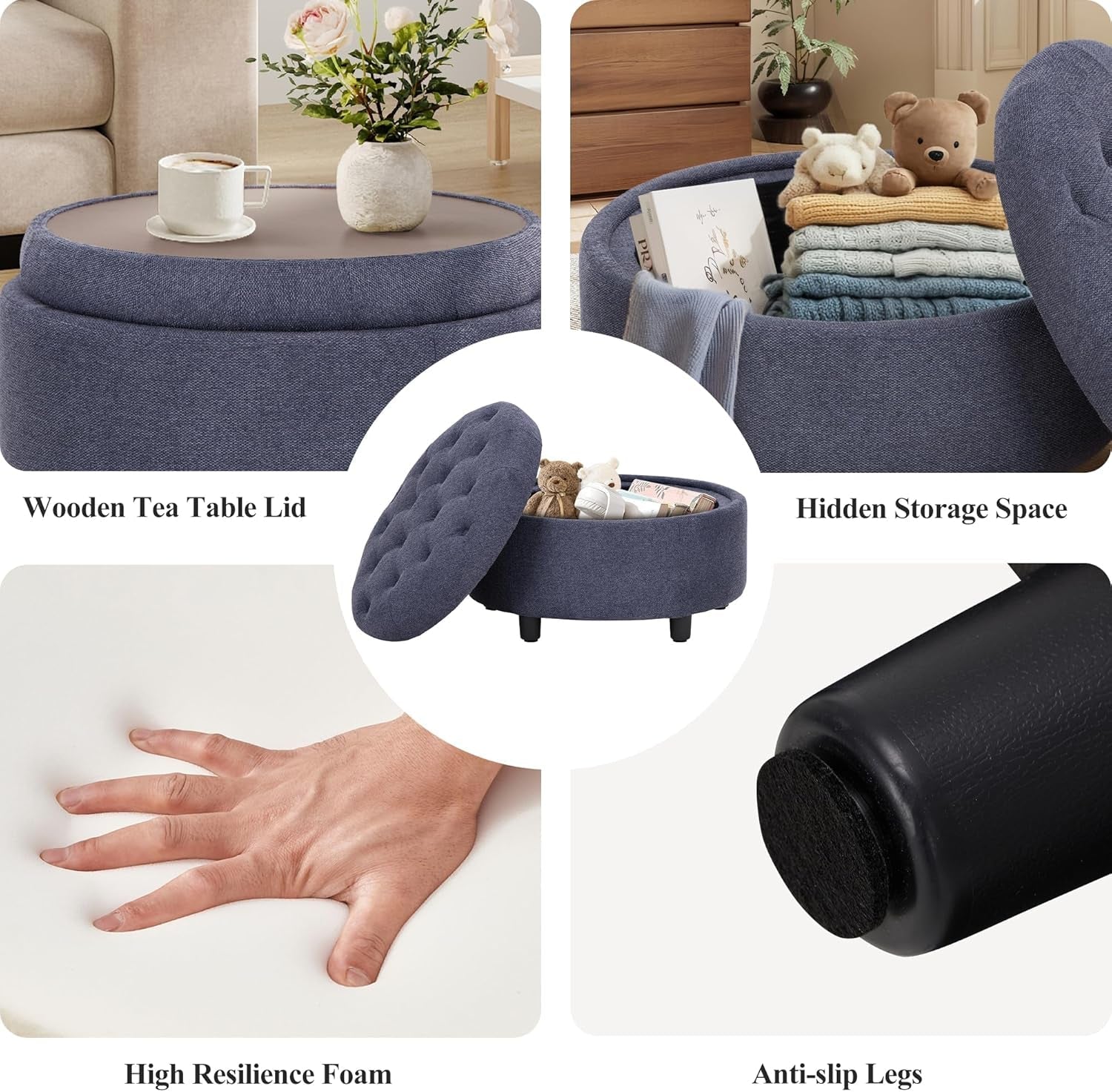 Blue Upholstered Circular Storage Ottoman With Tray - VELORA