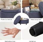 Blue Upholstered Circular Storage Ottoman With Tray - VELORA