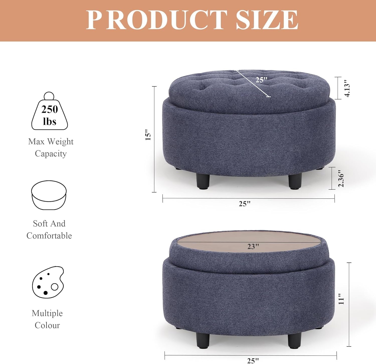 Blue Upholstered Circular Storage Ottoman With Tray - VELORA