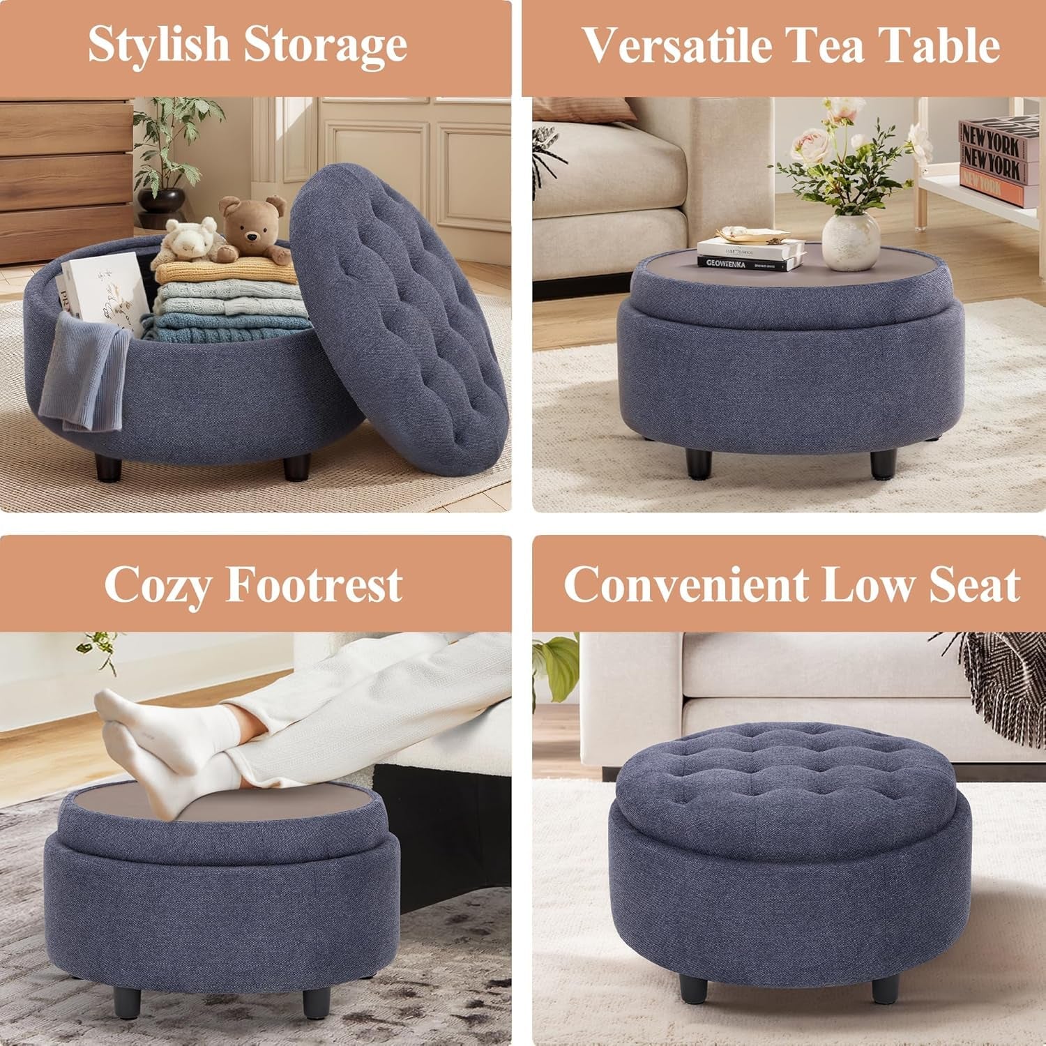 Blue Upholstered Circular Storage Ottoman With Tray - VELORA
