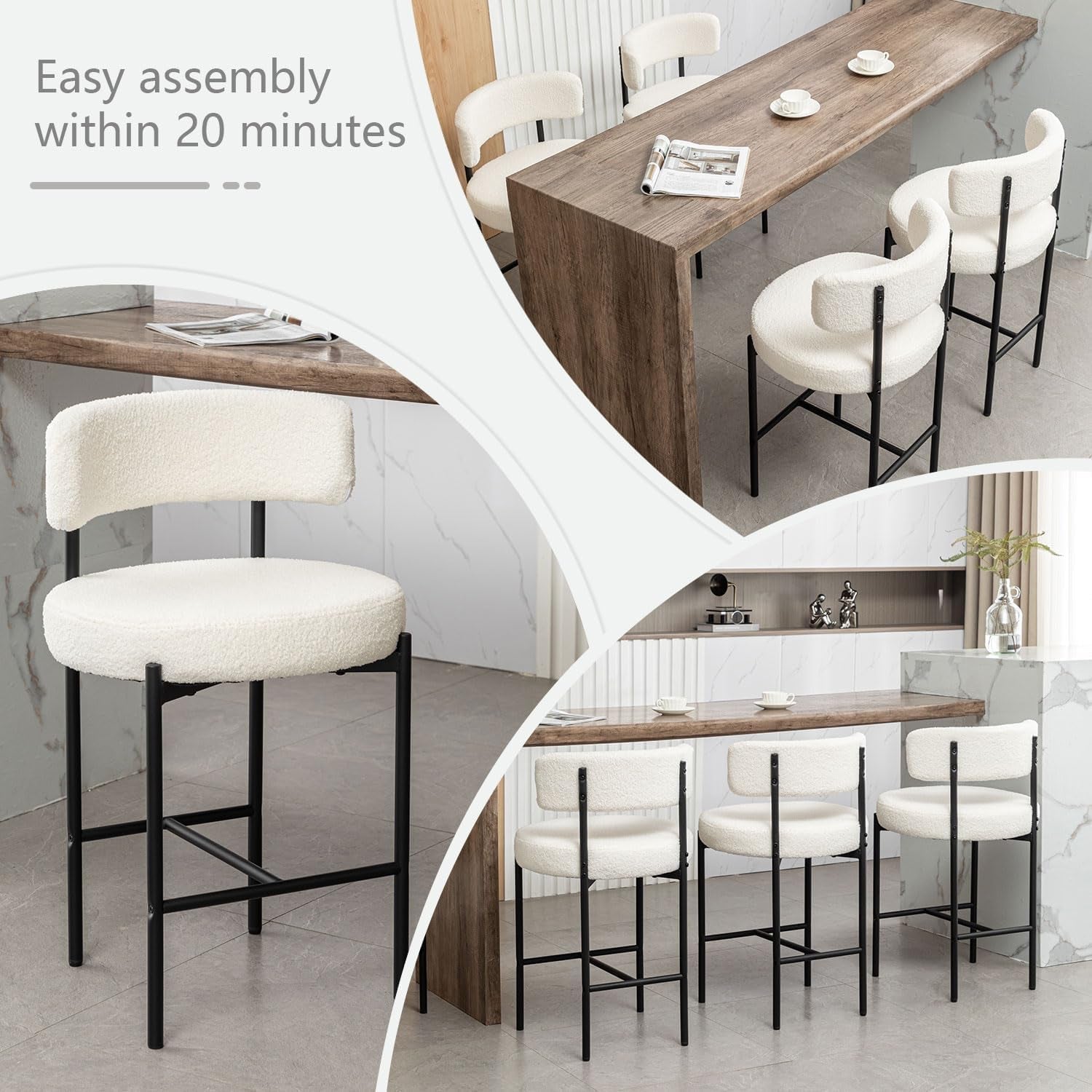 Boucle Bar Stools Set Of 3 24 Inch White Upholstered Counter Stools With Backs - VELORA