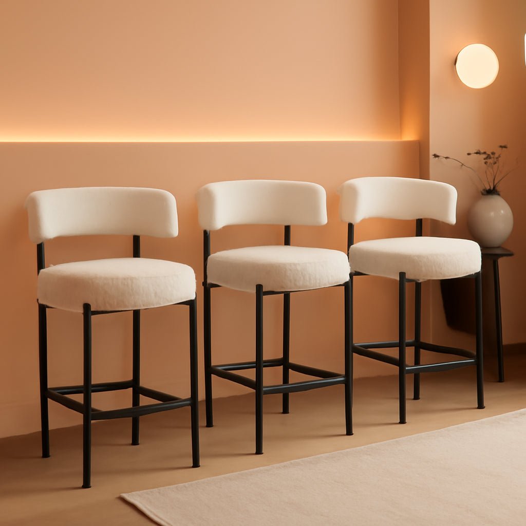 Boucle Bar Stools Set Of 3 24 Inch White Upholstered Counter Stools With Backs - VELORA