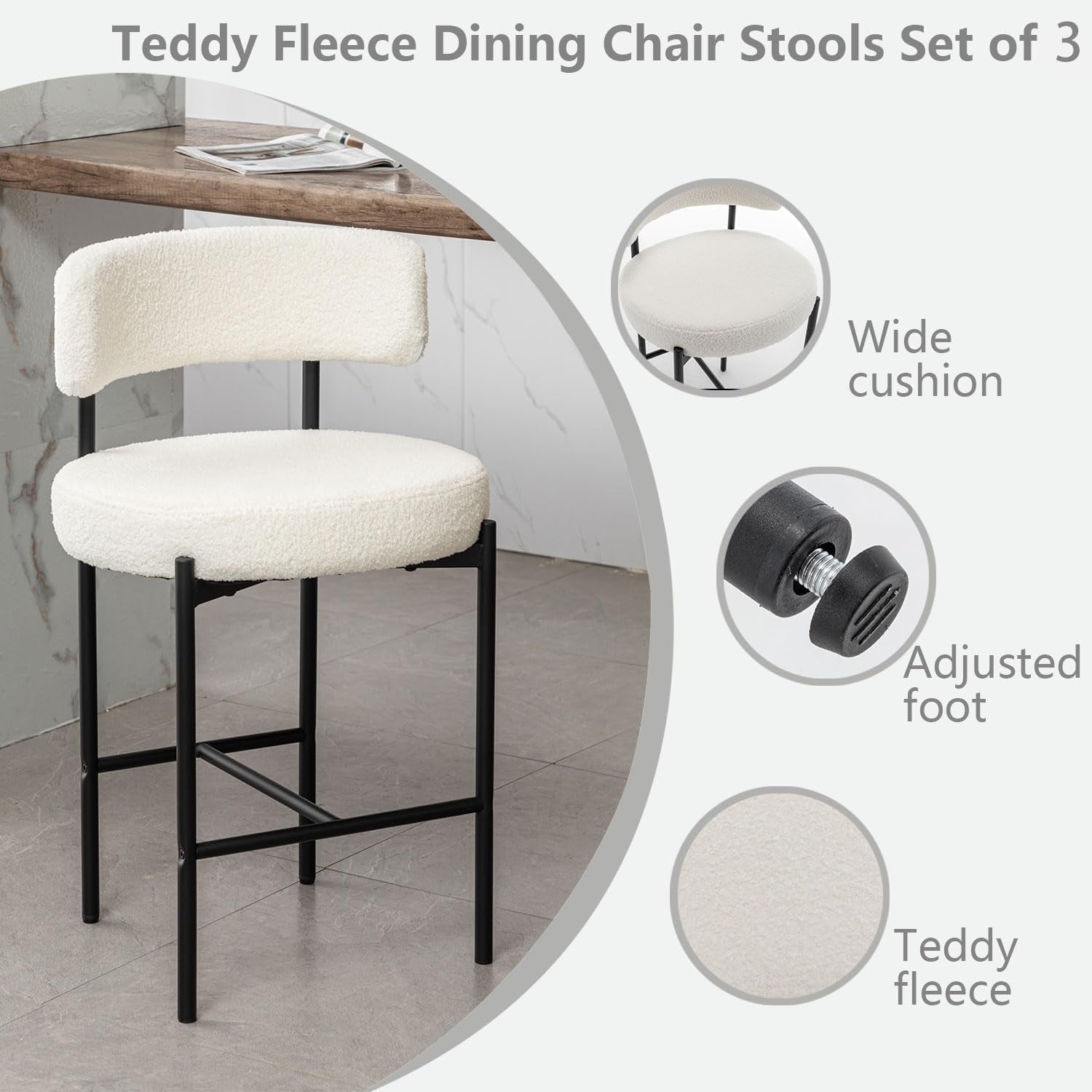 Boucle Bar Stools Set Of 3 24 Inch White Upholstered Counter Stools With Backs - VELORA