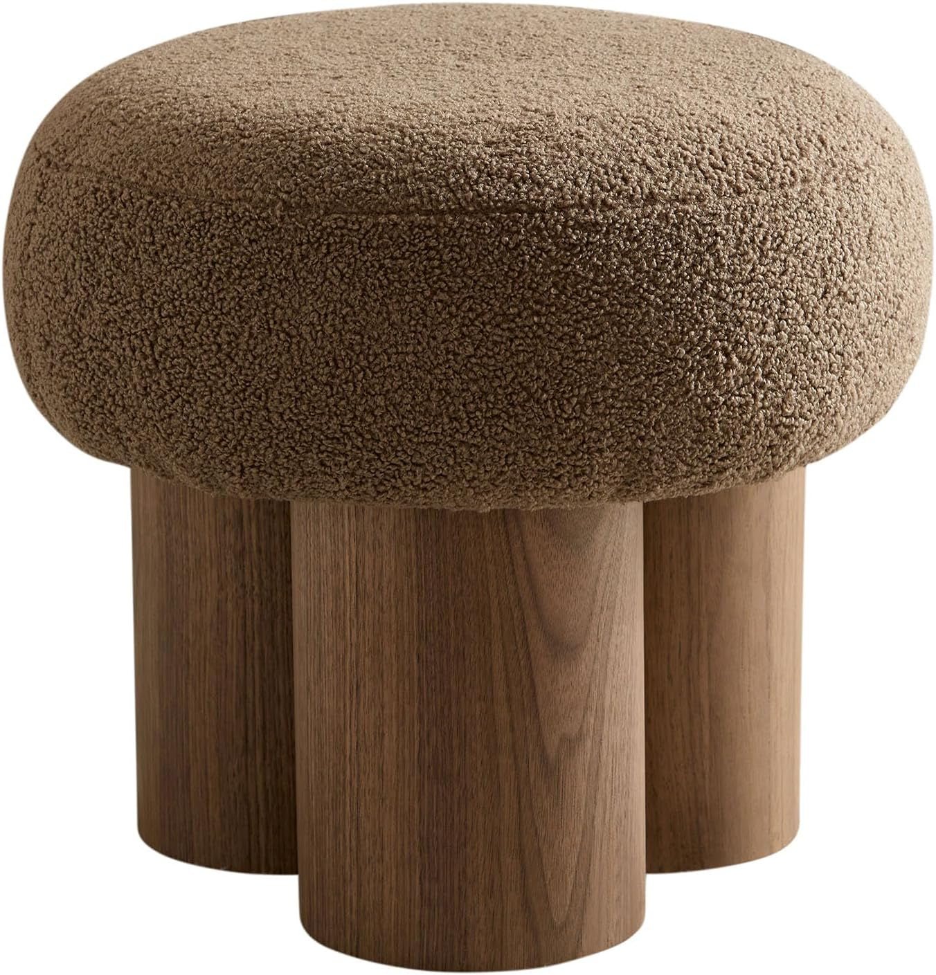Compact Round Footstool Ottoman Brown Teddy Fabric - VELORA