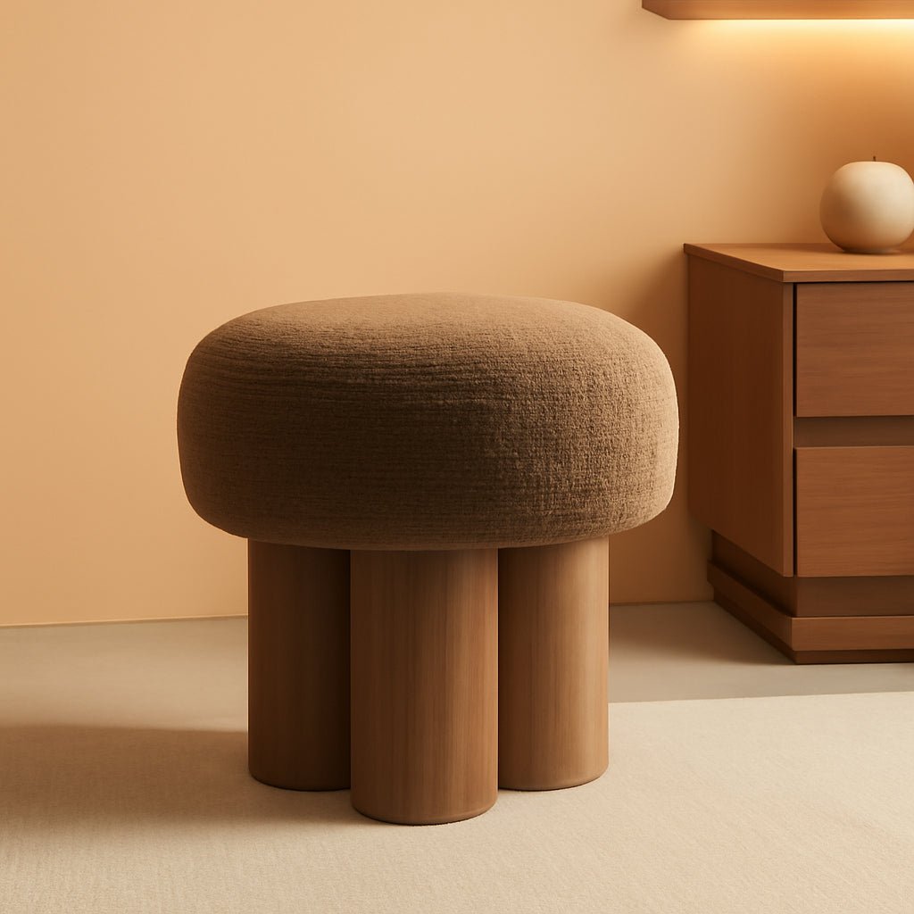 Compact Round Footstool Ottoman Brown Teddy Fabric - VELORA