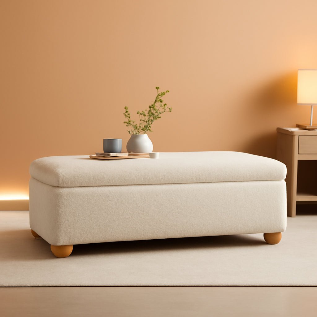 Contemporary Large Ivory Storage Ottoman With Legs - VELORA
