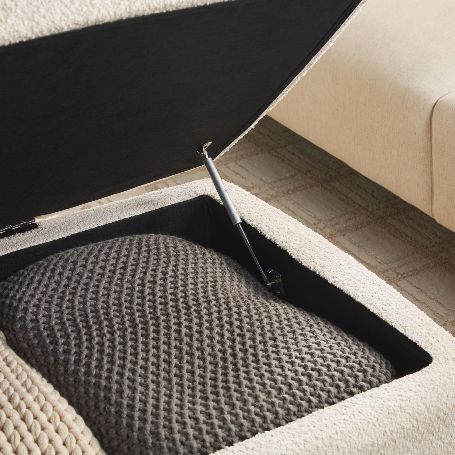 Contemporary Large Ivory Storage Ottoman With Legs - VELORA