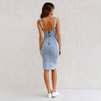 Denim Corset Bodycon Midi Dress with Slit - VELORA