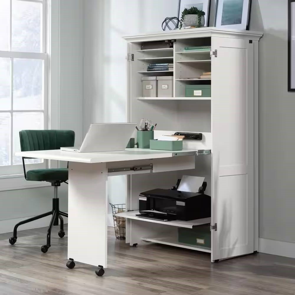 Drop Leaf Computer Desk Craft Table Armoire in White Wood Finish - Made in USA - VELORA