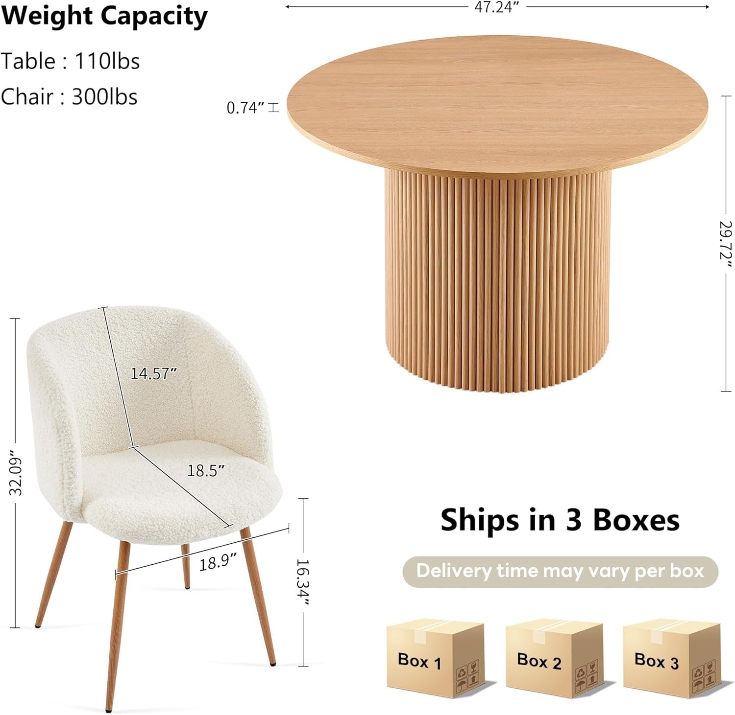 Forty Seven Inch Round Dining Table Oak Finish Chairs - VELORA