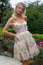 Glitter Print Mesh Sweetheart Neckline Homecoming Dress - VELORA