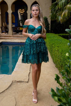 Glitter Print Mesh Sweetheart Neckline Homecoming Dress - VELORA